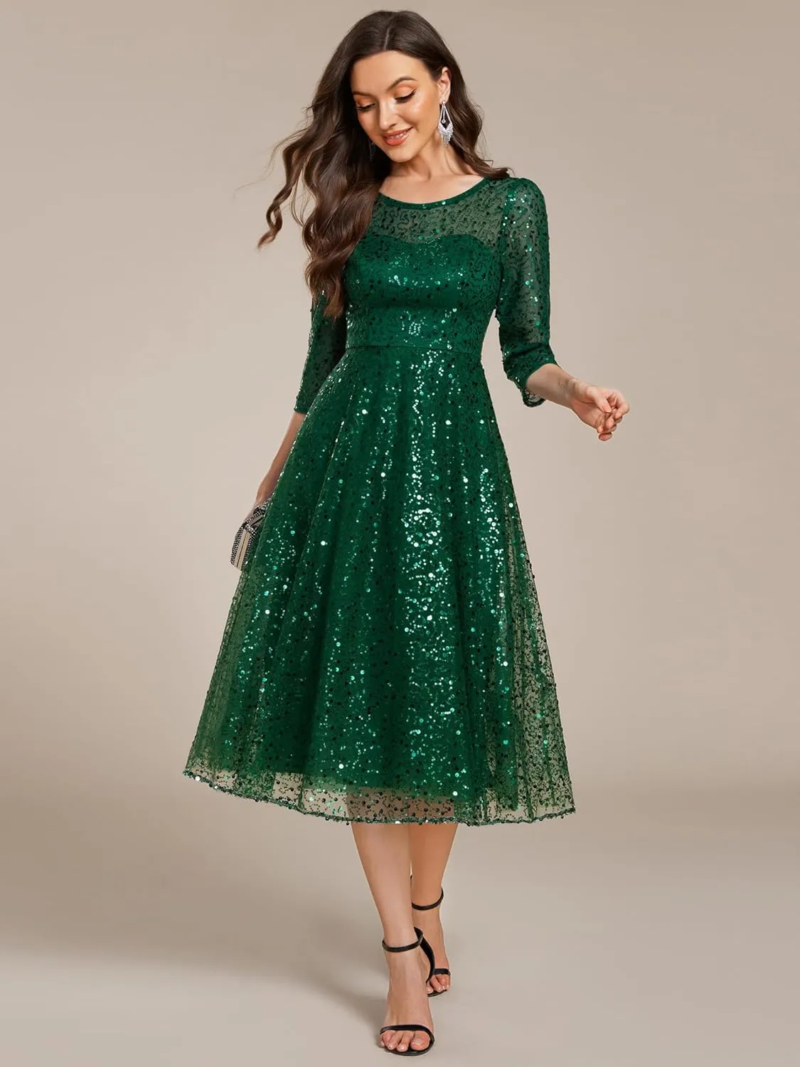 Ever-Pretty Women's Round Neck 3/4 Sleeves Formal Dresses Sequin A Line Midi Wedding Guest Dress 02241