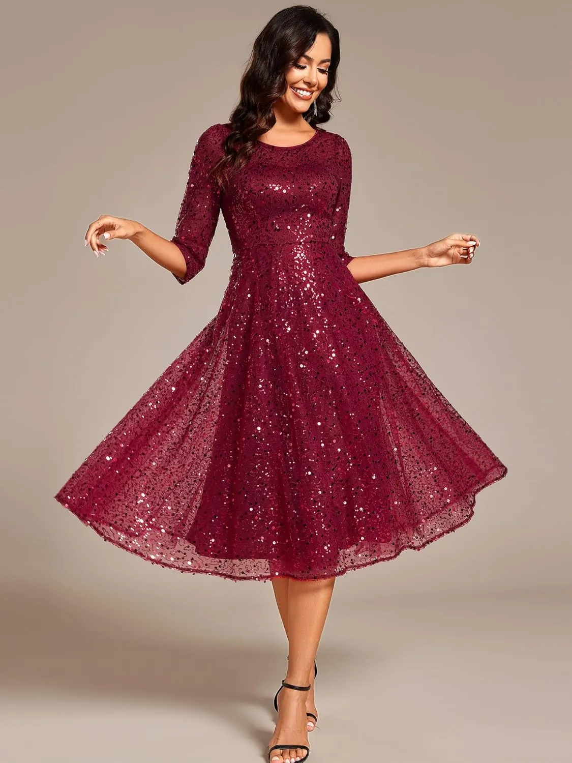 Ever-Pretty Women's Round Neck 3/4 Sleeves Formal Dresses Sequin A Line Midi Wedding Guest Dress 02241