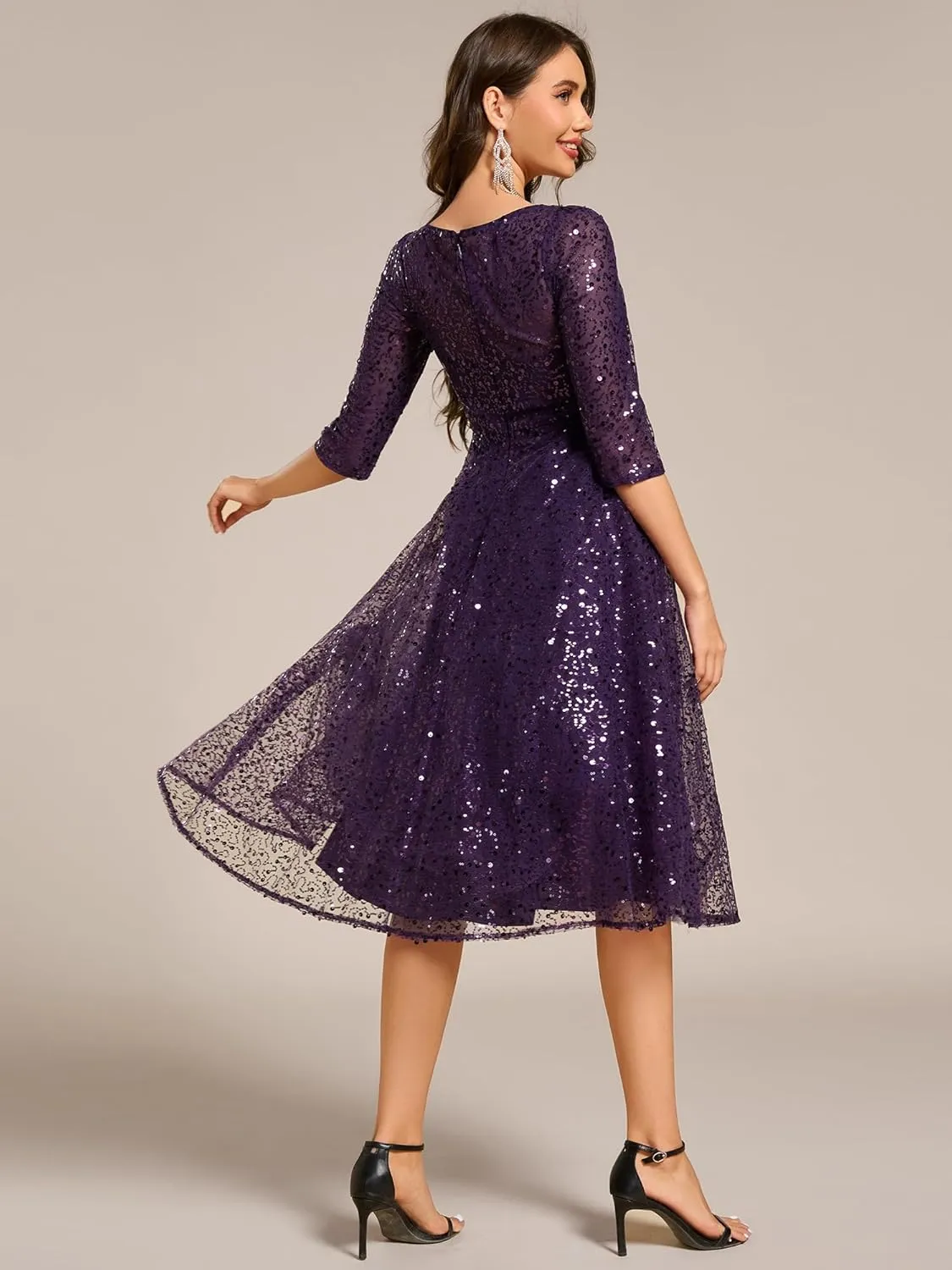 Ever-Pretty Women's Round Neck 3/4 Sleeves Formal Dresses Sequin A Line Midi Wedding Guest Dress 02241