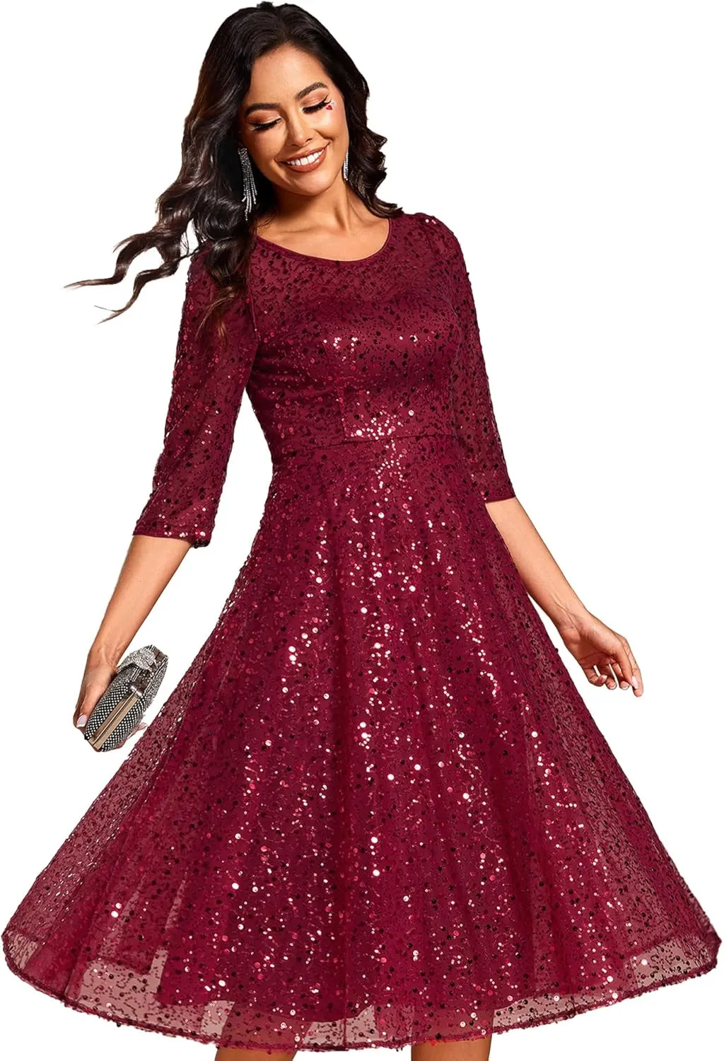 Ever-Pretty Women's Round Neck 3/4 Sleeves Formal Dresses Sequin A Line Midi Wedding Guest Dress 02241