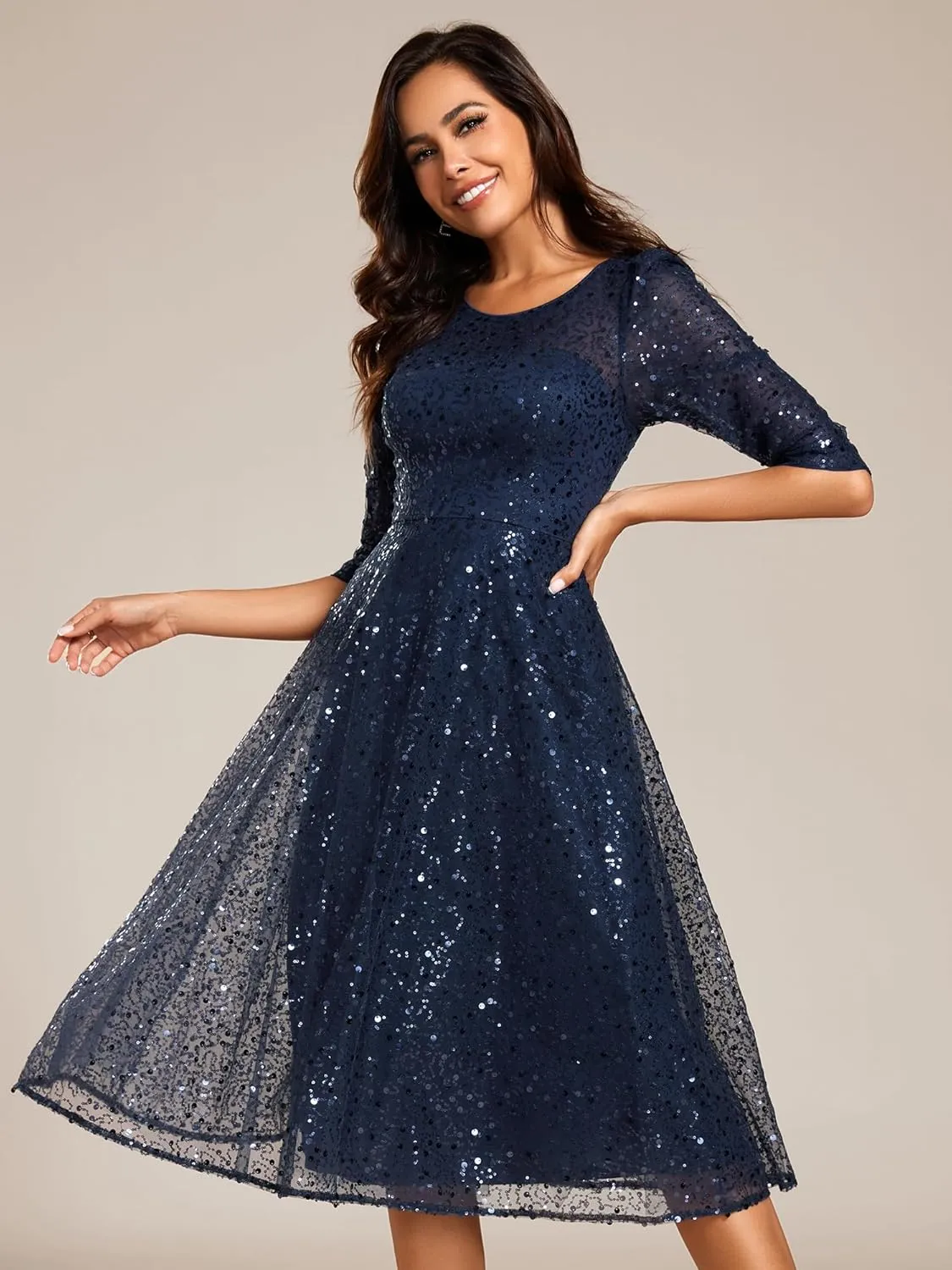 Ever-Pretty Women's Round Neck 3/4 Sleeves Formal Dresses Sequin A Line Midi Wedding Guest Dress 02241