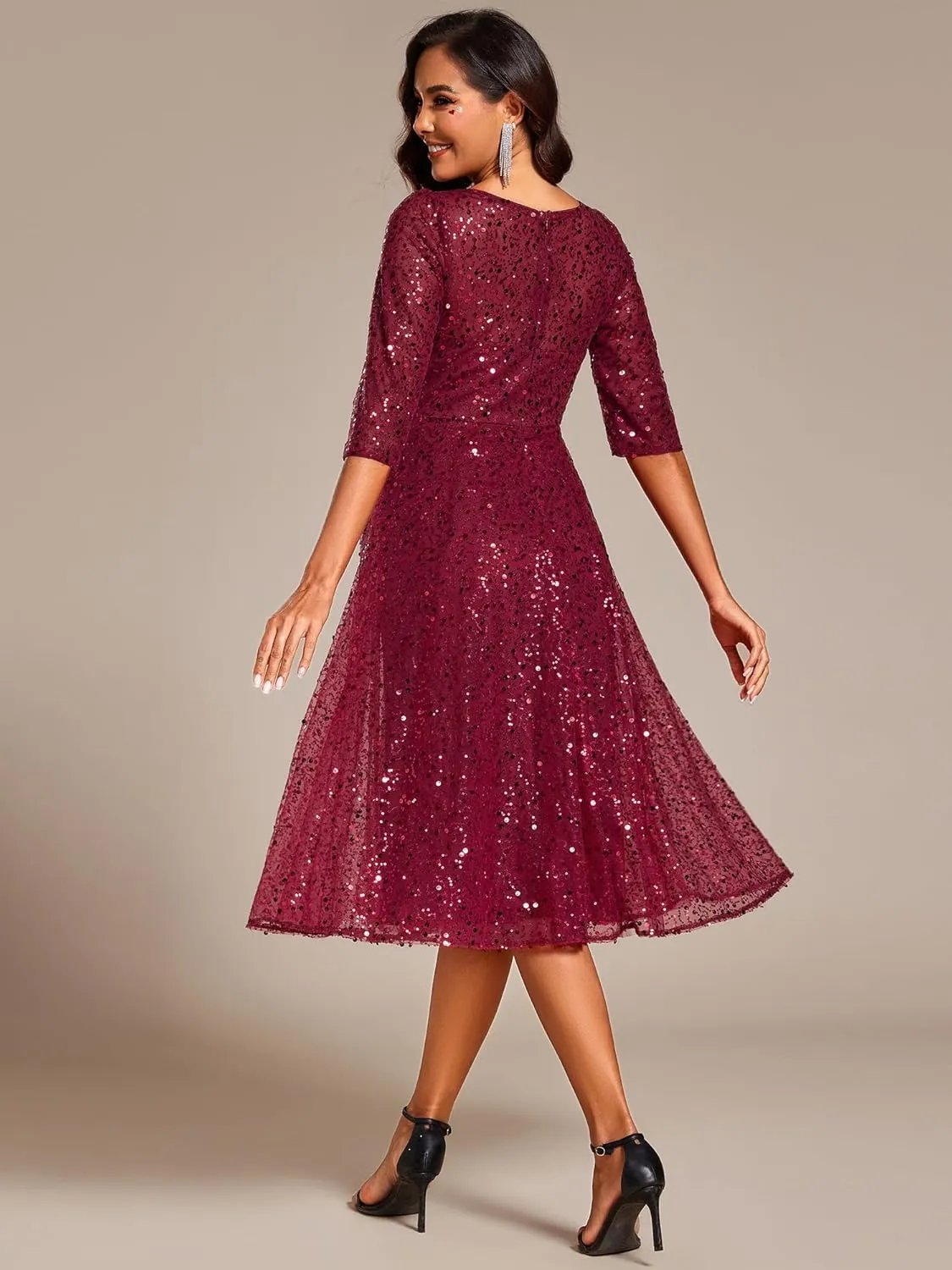 Ever-Pretty Women's Round Neck 3/4 Sleeves Formal Dresses Sequin A Line Midi Wedding Guest Dress 02241