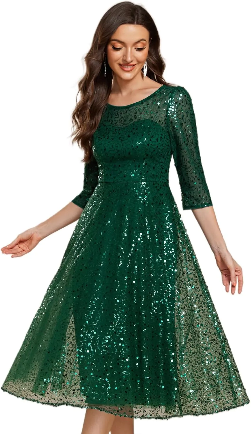 Ever-Pretty Women's Round Neck 3/4 Sleeves Formal Dresses Sequin A Line Midi Wedding Guest Dress 02241