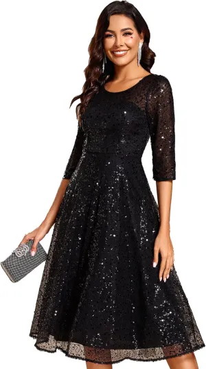 Ever-Pretty Women's Round Neck 3/4 Sleeves Formal Dresses Sequin A Line Midi Wedding Guest Dress 02241