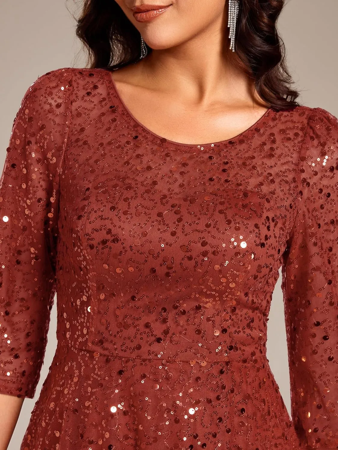 Ever-Pretty Women's Round Neck 3/4 Sleeves Formal Dresses Sequin A Line Midi Wedding Guest Dress 02241