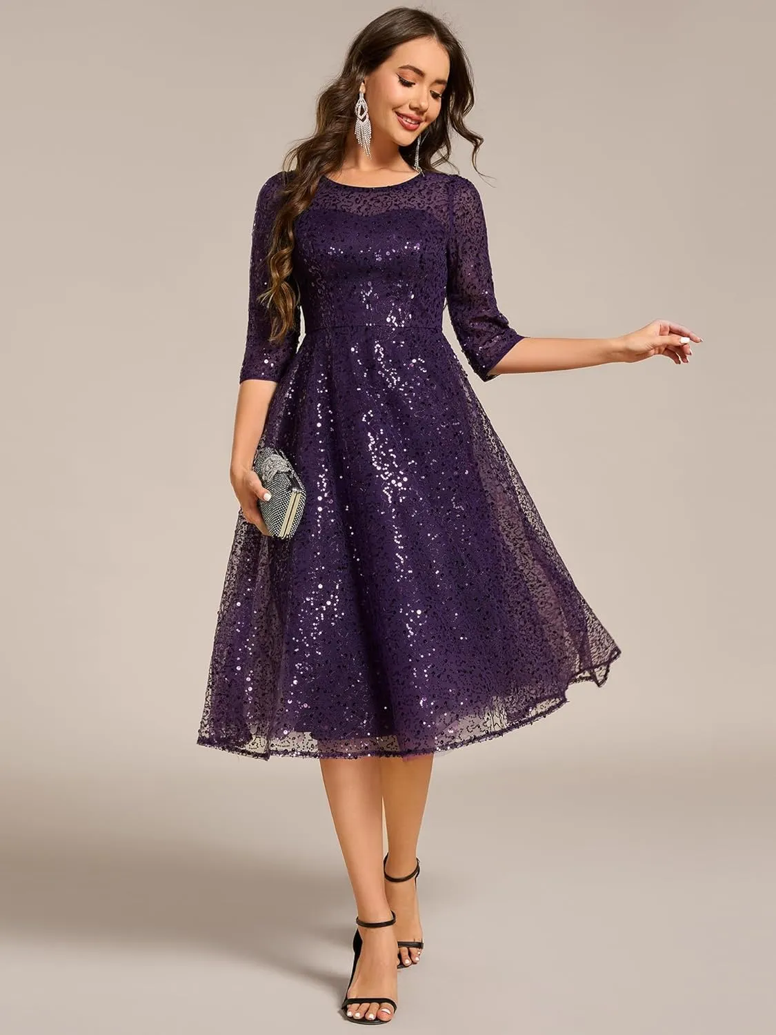 Ever-Pretty Women's Round Neck 3/4 Sleeves Formal Dresses Sequin A Line Midi Wedding Guest Dress 02241