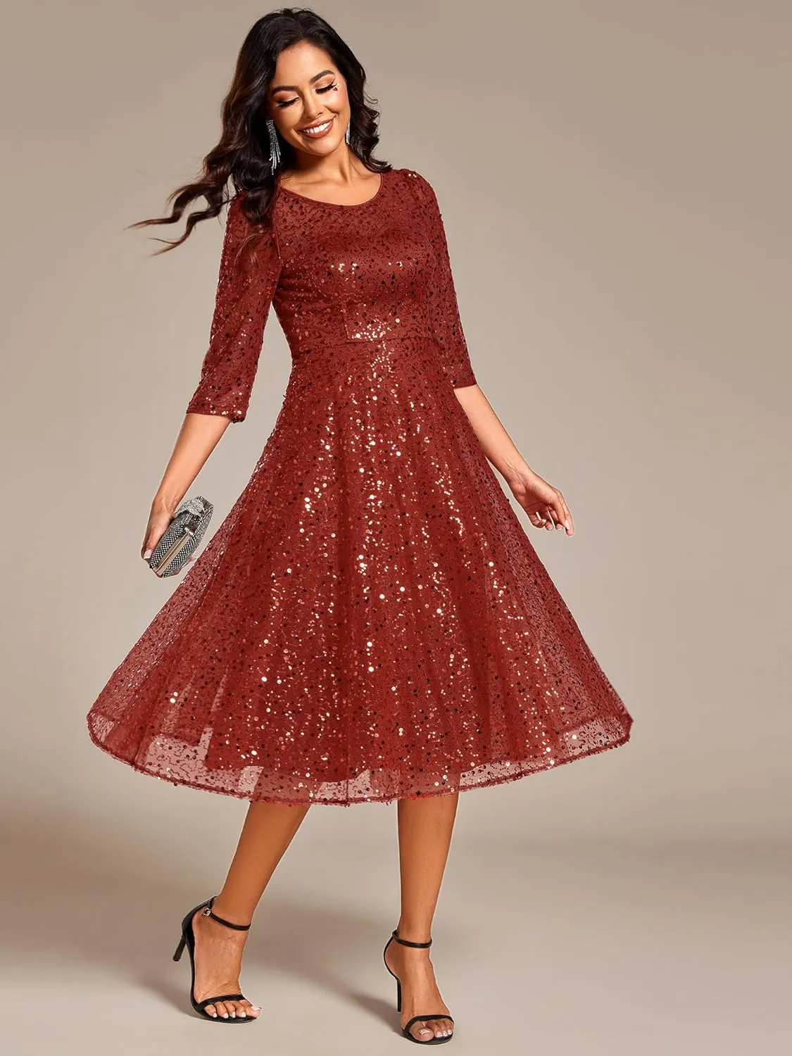 Ever-Pretty Women's Round Neck 3/4 Sleeves Formal Dresses Sequin A Line Midi Wedding Guest Dress 02241