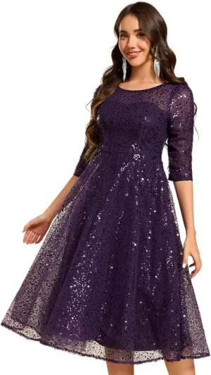 Ever-Pretty Women's Round Neck 3/4 Sleeves Formal Dresses Sequin A Line Midi Wedding Guest Dress 02241