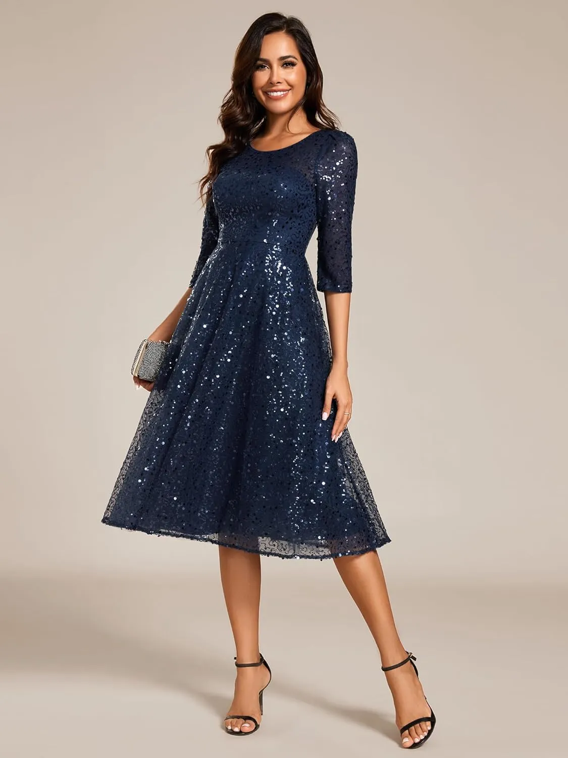 Ever-Pretty Women's Round Neck 3/4 Sleeves Formal Dresses Sequin A Line Midi Wedding Guest Dress 02241