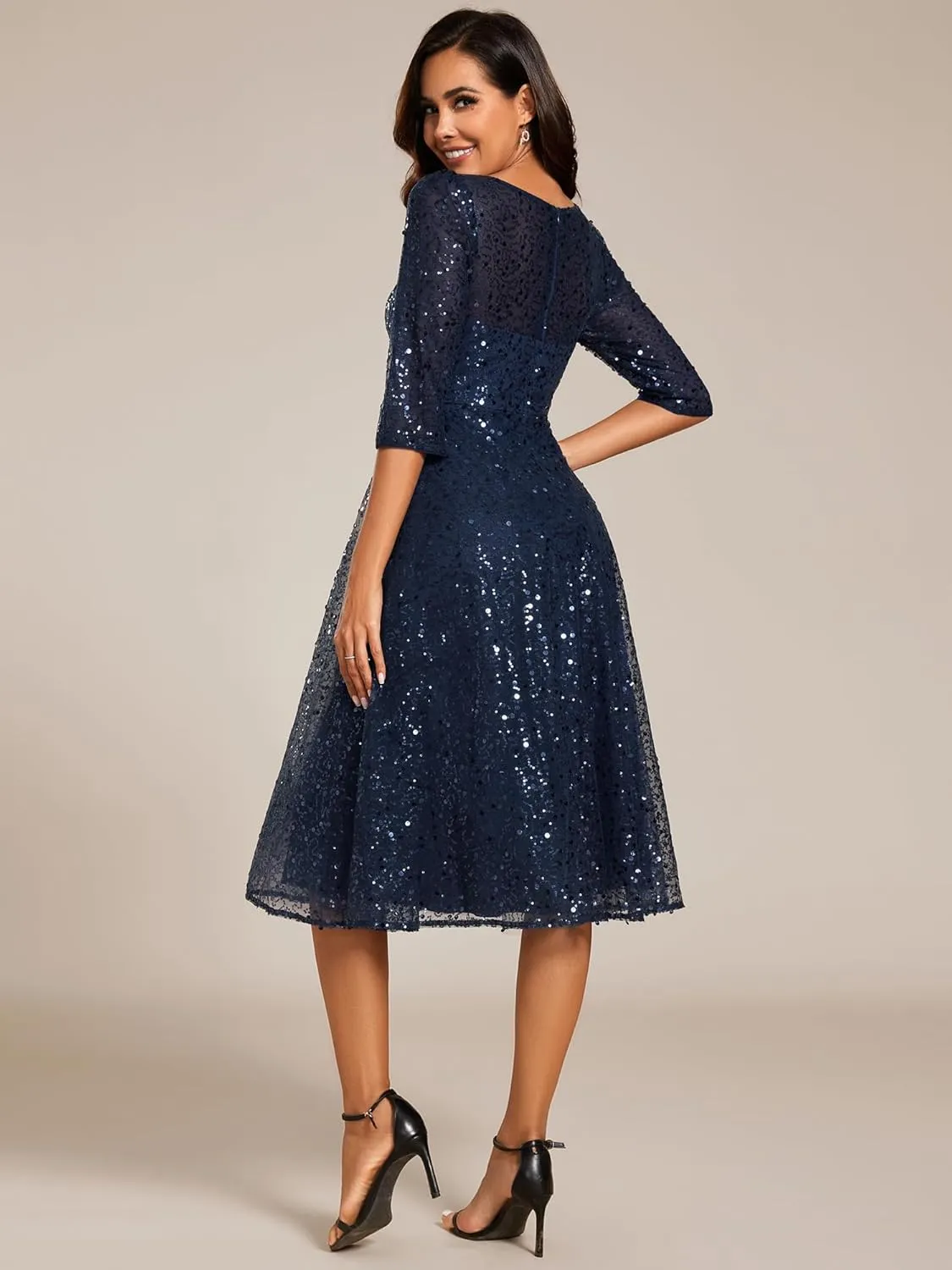 Ever-Pretty Women's Round Neck 3/4 Sleeves Formal Dresses Sequin A Line Midi Wedding Guest Dress 02241