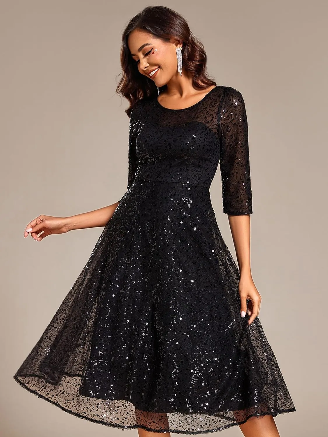 Ever-Pretty Women's Round Neck 3/4 Sleeves Formal Dresses Sequin A Line Midi Wedding Guest Dress 02241