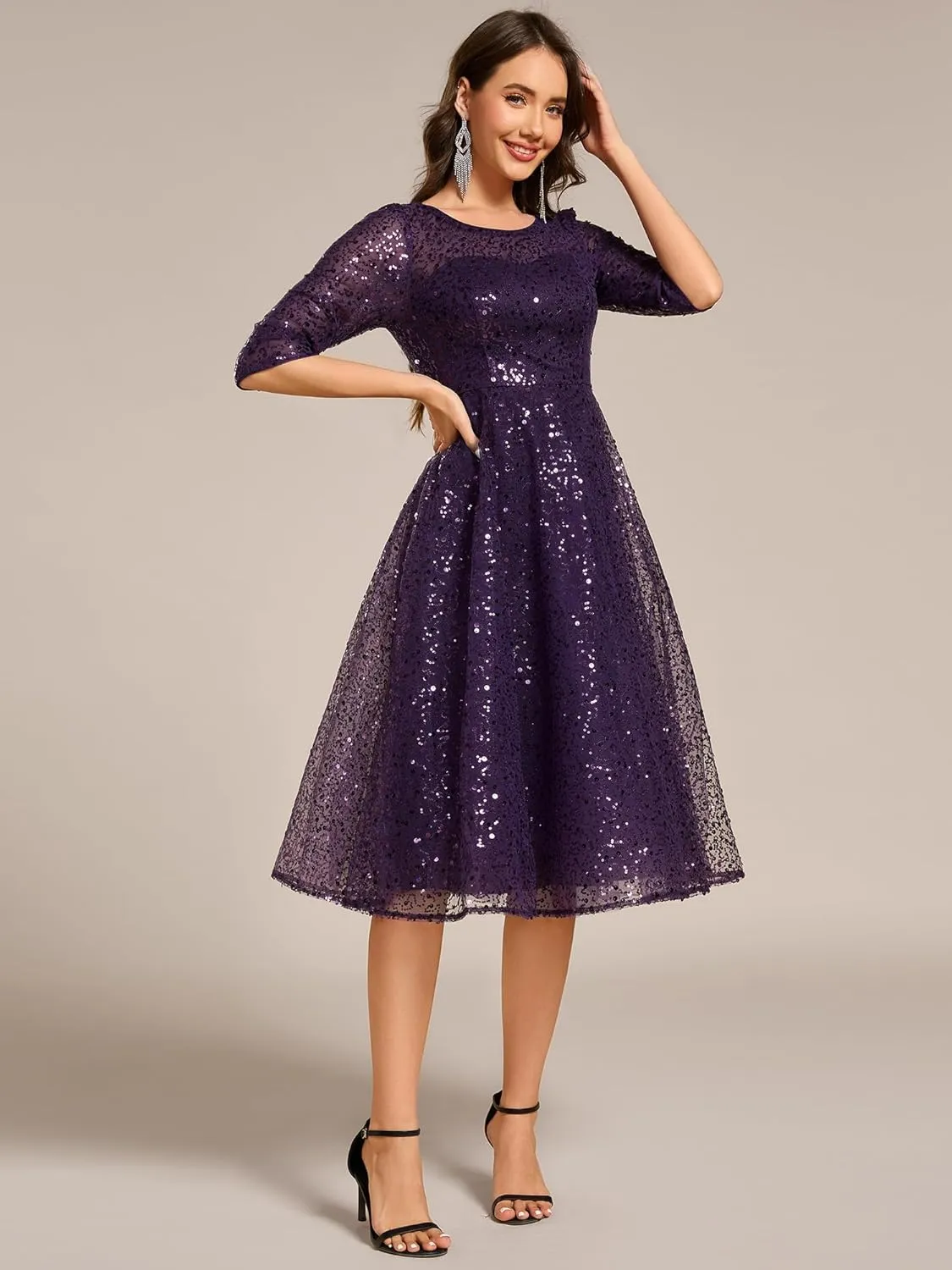 Ever-Pretty Women's Round Neck 3/4 Sleeves Formal Dresses Sequin A Line Midi Wedding Guest Dress 02241