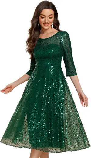 Ever-Pretty Women's Round Neck 3/4 Sleeves Formal Dresses Sequin A Line Midi Wedding Guest Dress 02241