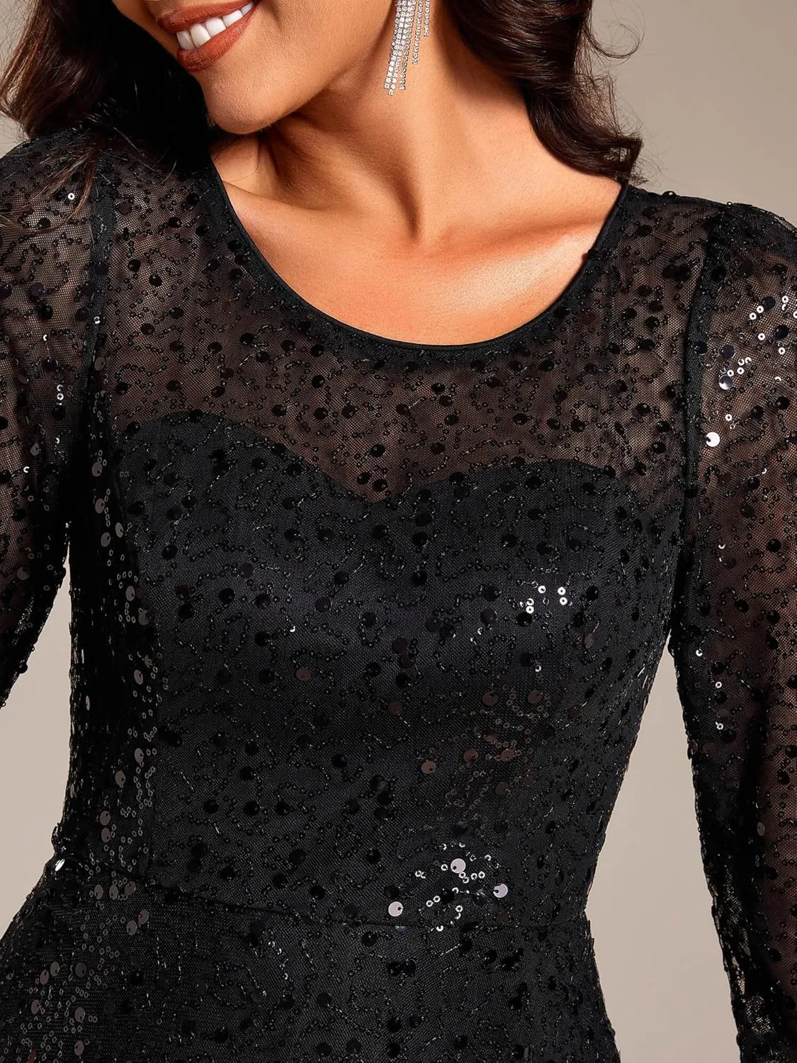 Ever-Pretty Women's Round Neck 3/4 Sleeves Formal Dresses Sequin A Line Midi Wedding Guest Dress 02241