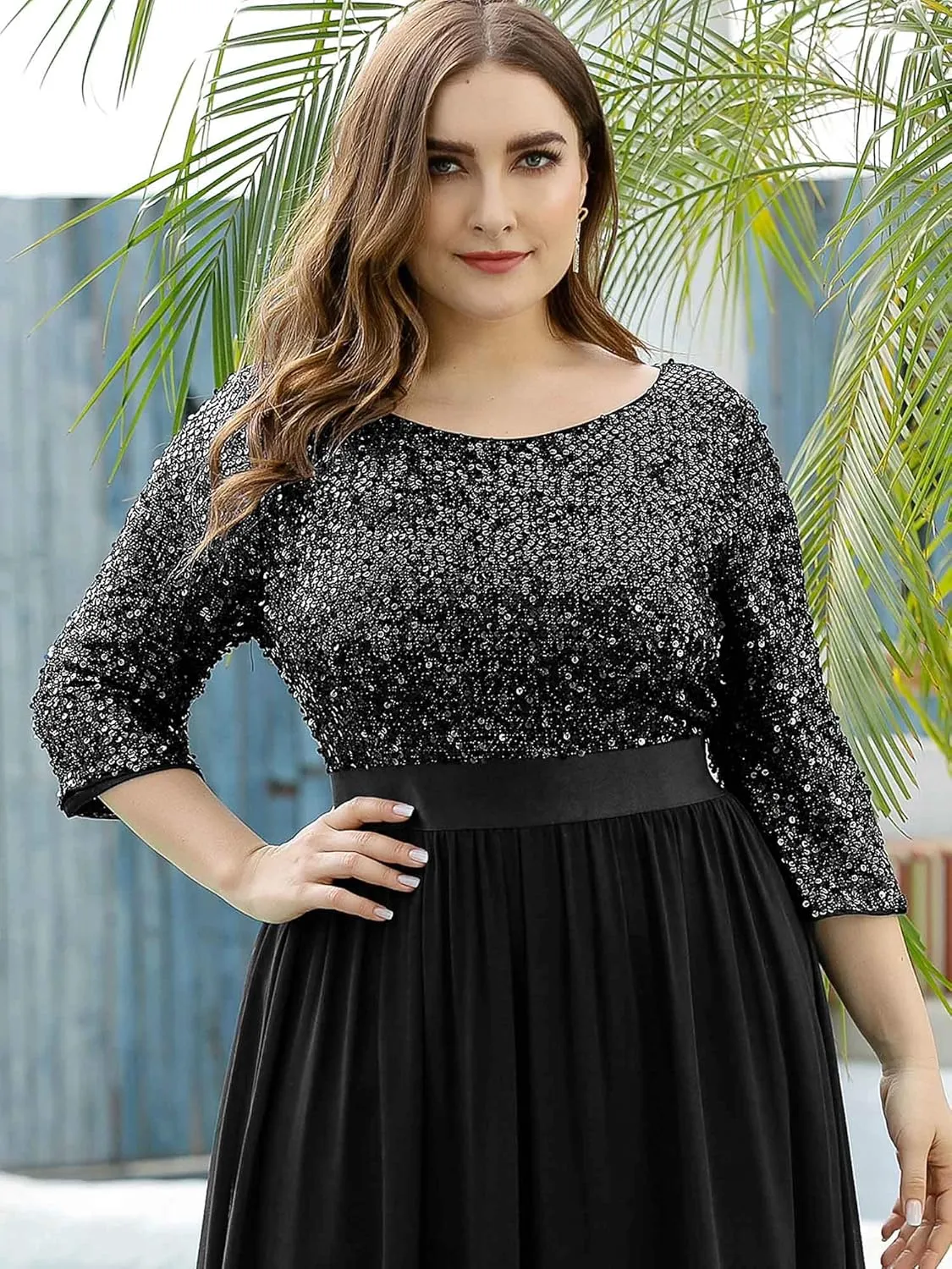 Ever-Pretty Women's Round Neck Maxi Dresses Sequin Plus Size Formal Dresses for Women 0683-PZ