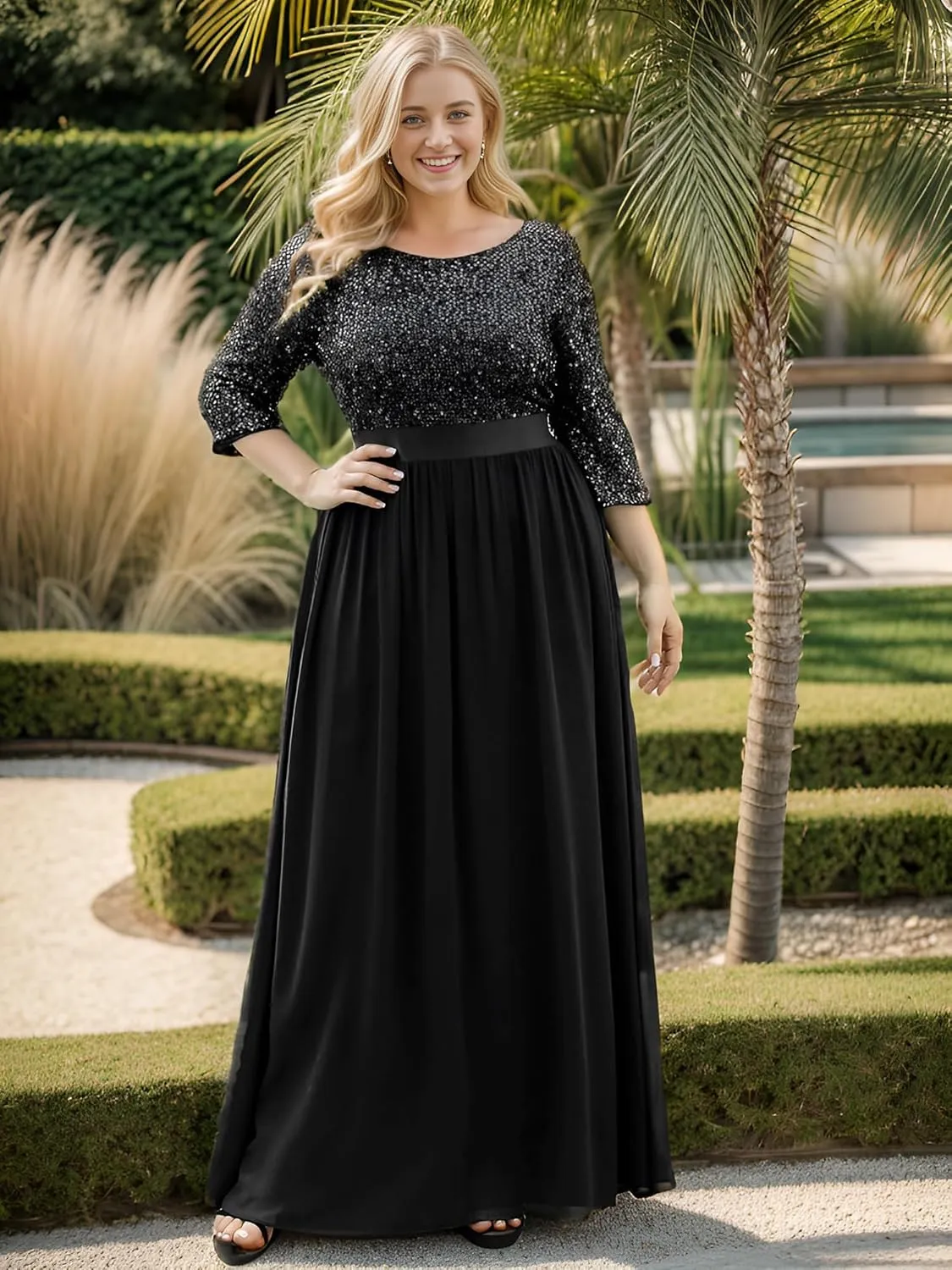 Ever-Pretty Women's Round Neck Maxi Dresses Sequin Plus Size Formal Dresses for Women 0683-PZ