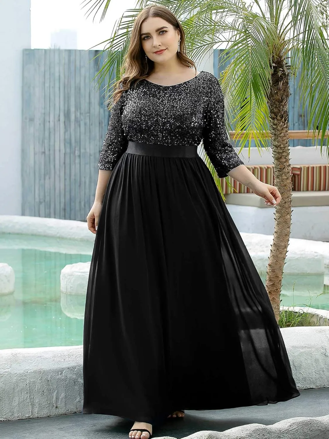 Ever-Pretty Women's Round Neck Maxi Dresses Sequin Plus Size Formal Dresses for Women 0683-PZ