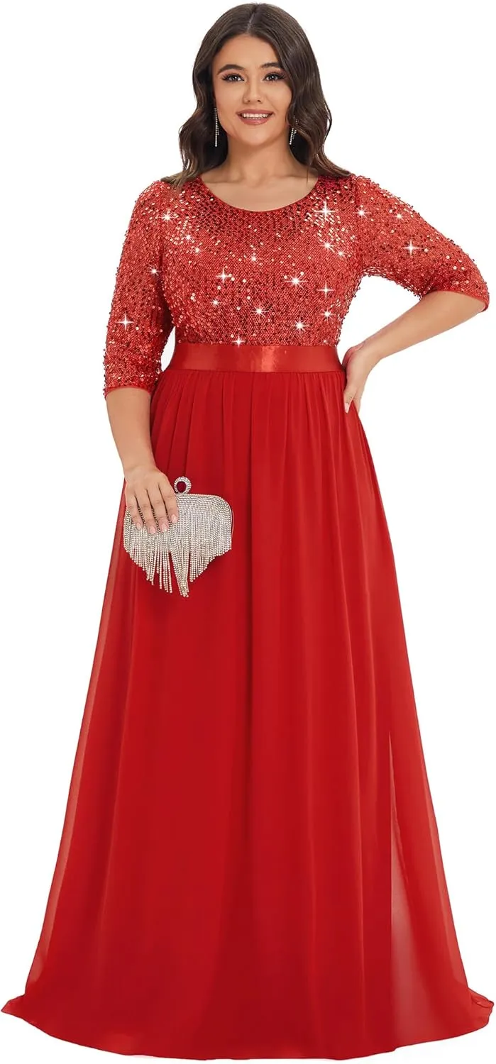 Ever-Pretty Women's Round Neck Maxi Dresses Sequin Plus Size Formal Dresses for Women 0683-PZ