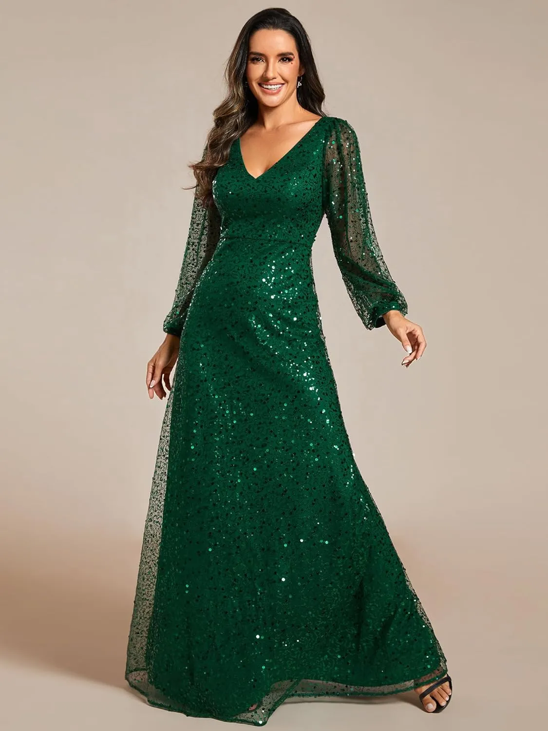 Ever-Pretty Women's Sequin A-Line V Neck Beaded Gown Long Sheer Sleeves Cocktail Evening Gown 01999