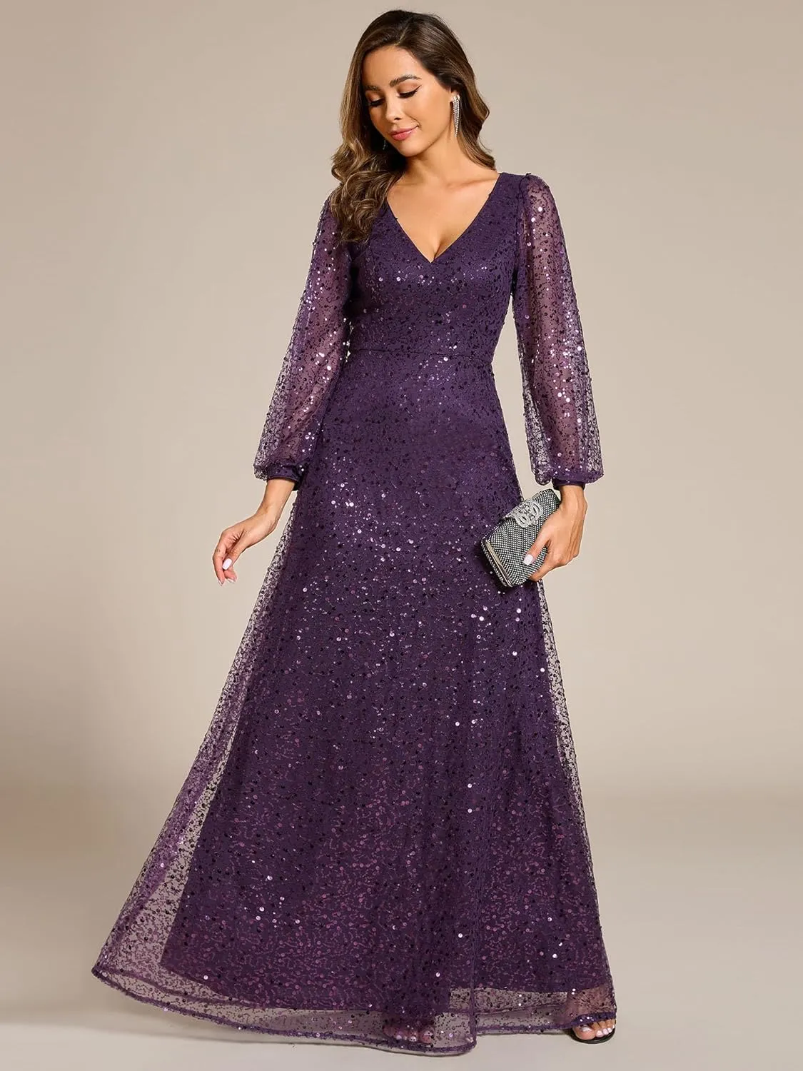 Ever-Pretty Women's Sequin A-Line V Neck Beaded Gown Long Sheer Sleeves Cocktail Evening Gown 01999