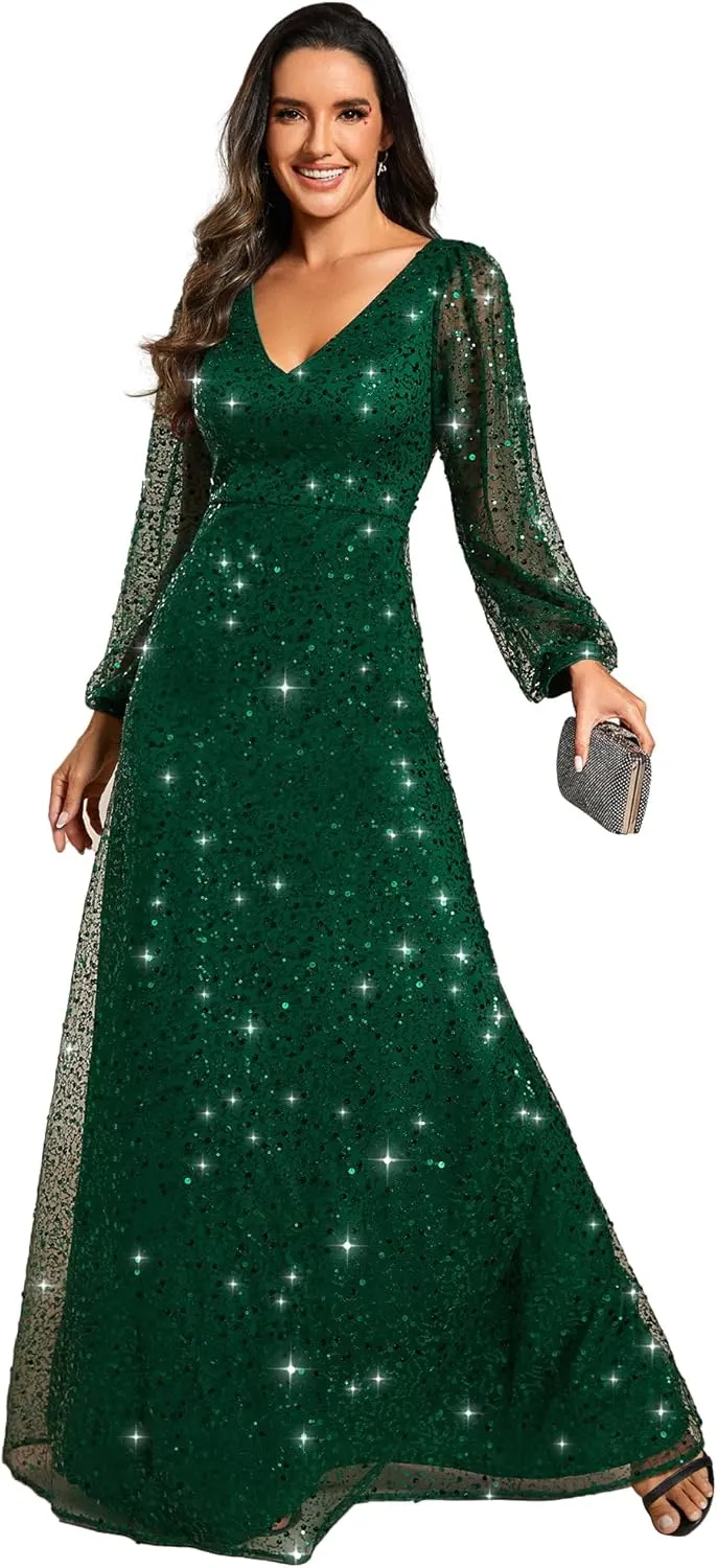 Ever-Pretty Women's Sequin A-Line V Neck Beaded Gown Long Sheer Sleeves Cocktail Evening Gown 01999