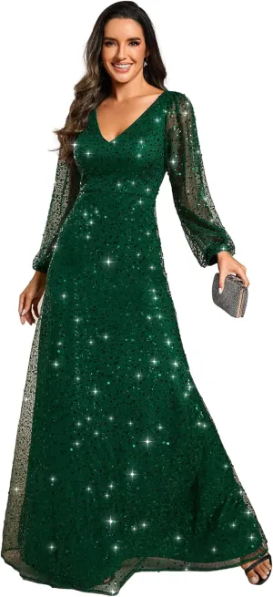 Ever-Pretty Women's Sequin A-Line V Neck Beaded Gown Long Sheer Sleeves Cocktail Evening Gown 01999