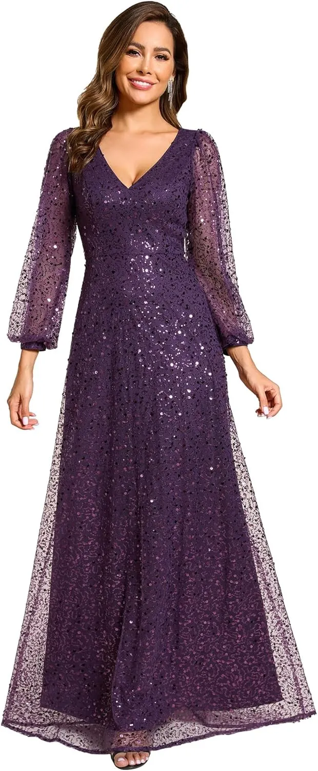 Ever-Pretty Women's Sequin A-Line V Neck Beaded Gown Long Sheer Sleeves Cocktail Evening Gown 01999
