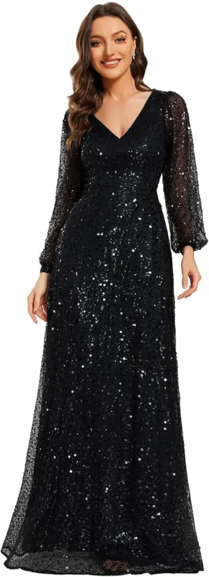 Ever-Pretty Women's Sequin A-Line V Neck Beaded Gown Long Sheer Sleeves Cocktail Evening Gown 01999