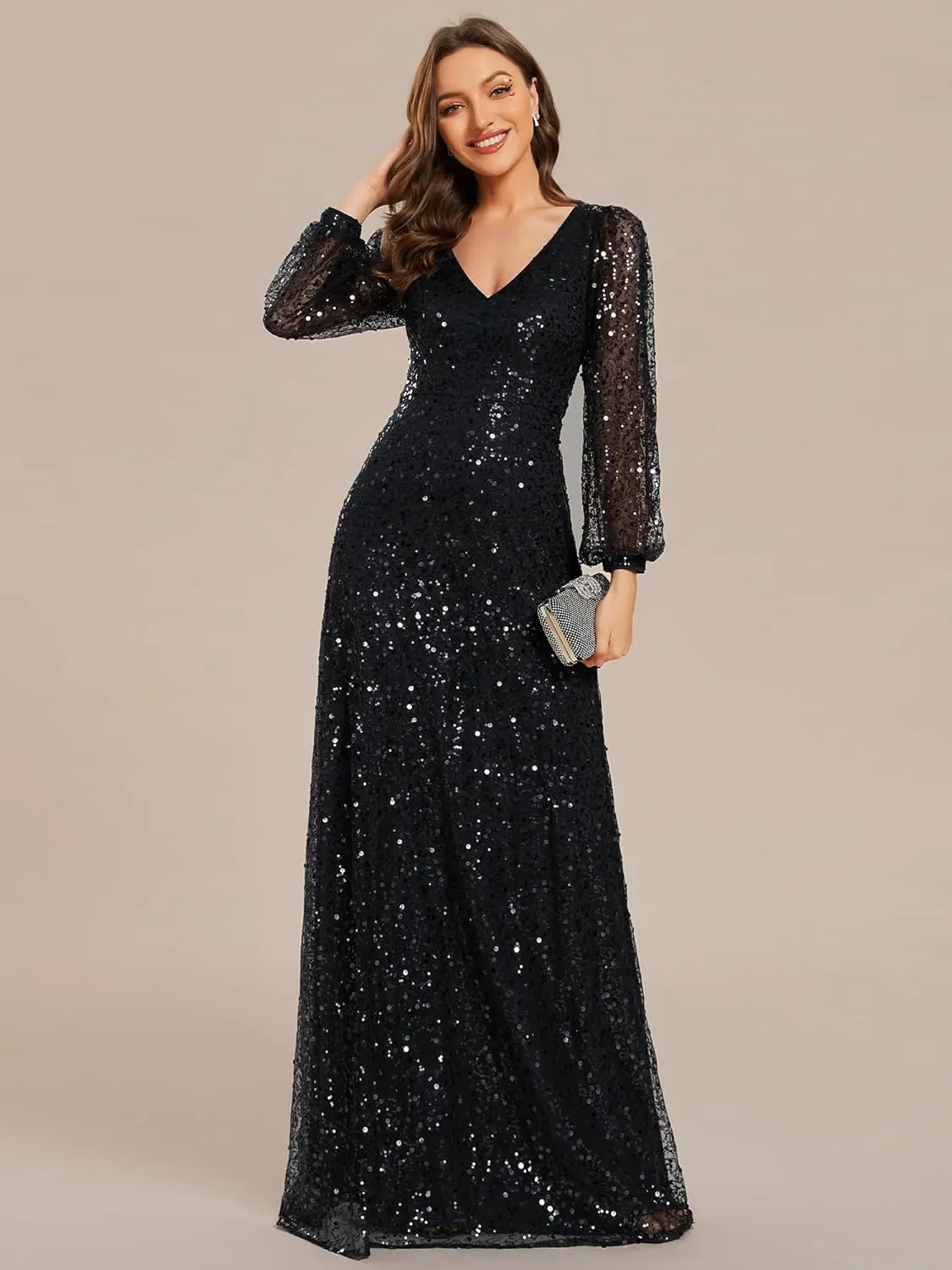 Ever-Pretty Women's Sequin A-Line V Neck Beaded Gown Long Sheer Sleeves Cocktail Evening Gown 01999