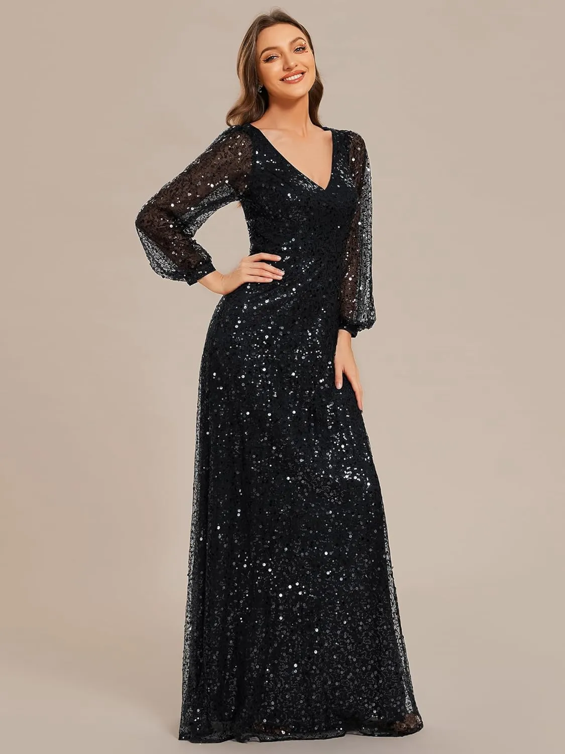 Ever-Pretty Women's Sequin A-Line V Neck Beaded Gown Long Sheer Sleeves Cocktail Evening Gown 01999