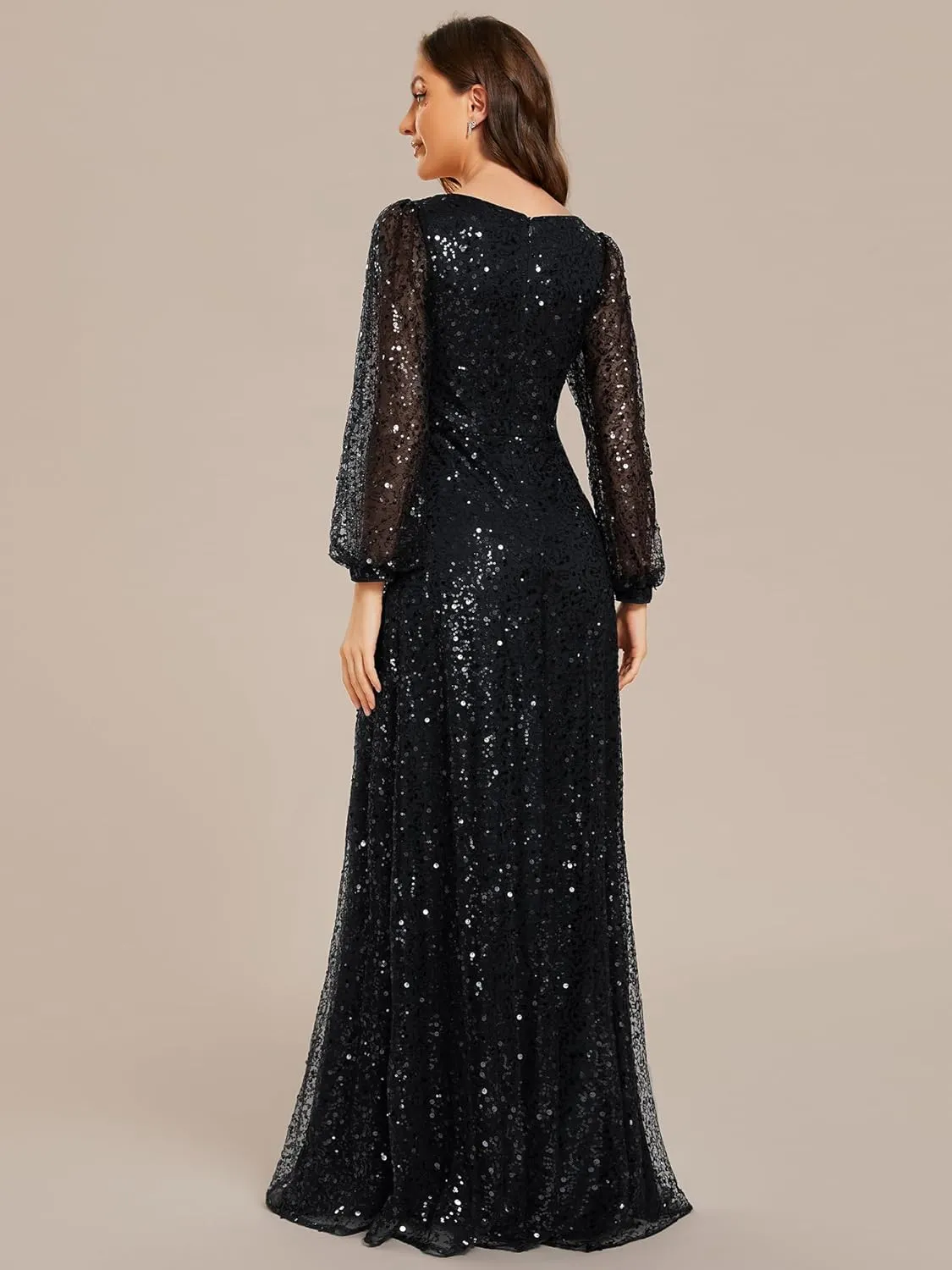 Ever-Pretty Women's Sequin A-Line V Neck Beaded Gown Long Sheer Sleeves Cocktail Evening Gown 01999