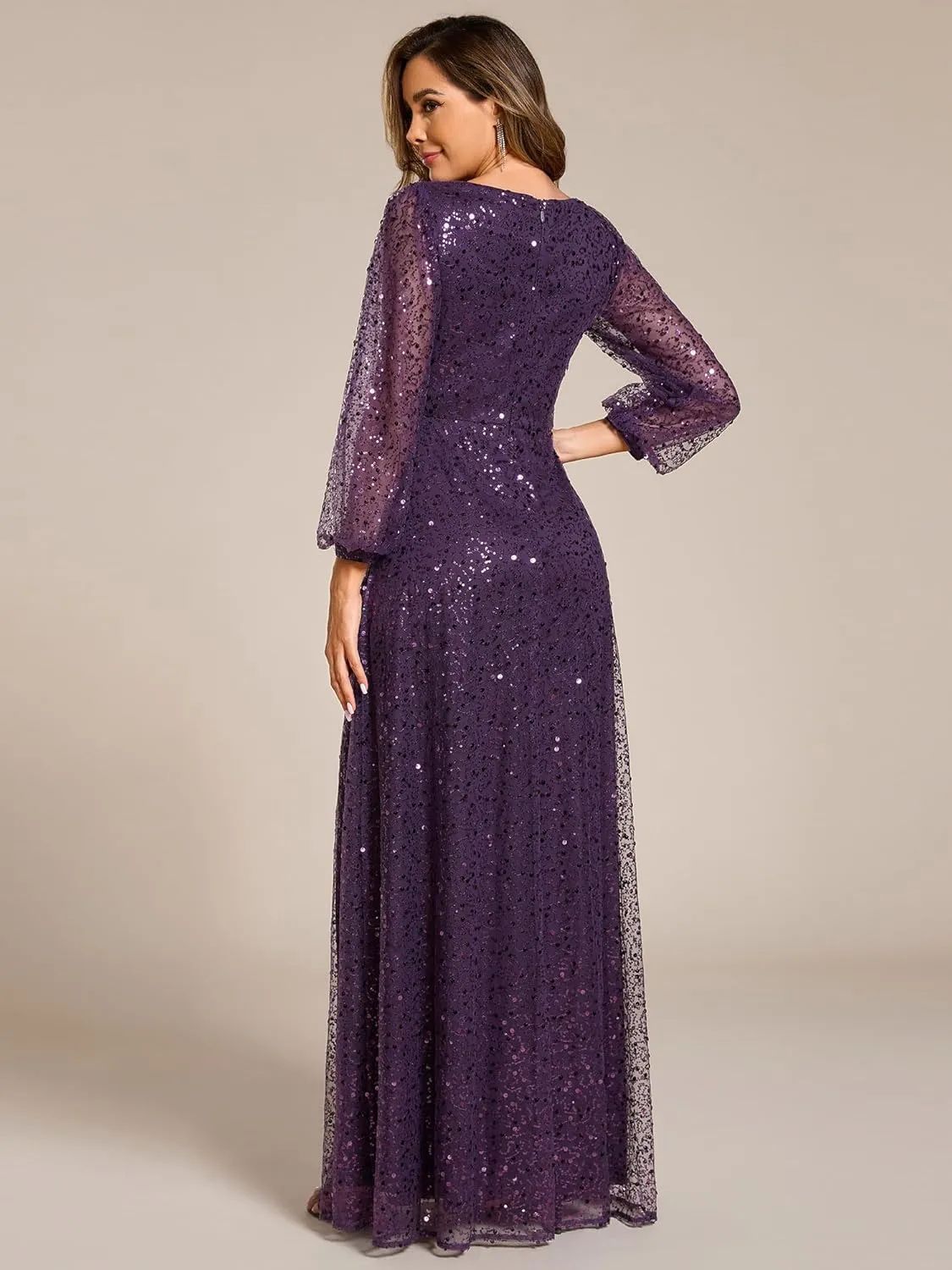Ever-Pretty Women's Sequin A-Line V Neck Beaded Gown Long Sheer Sleeves Cocktail Evening Gown 01999