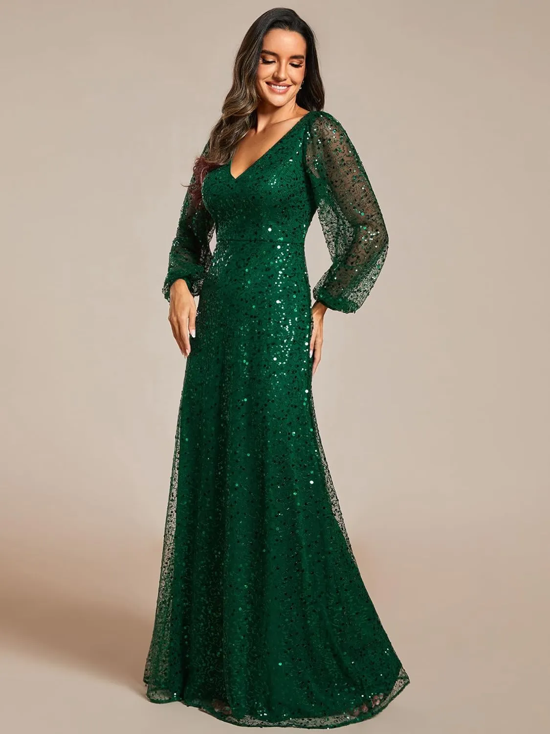 Ever-Pretty Women's Sequin A-Line V Neck Beaded Gown Long Sheer Sleeves Cocktail Evening Gown 01999