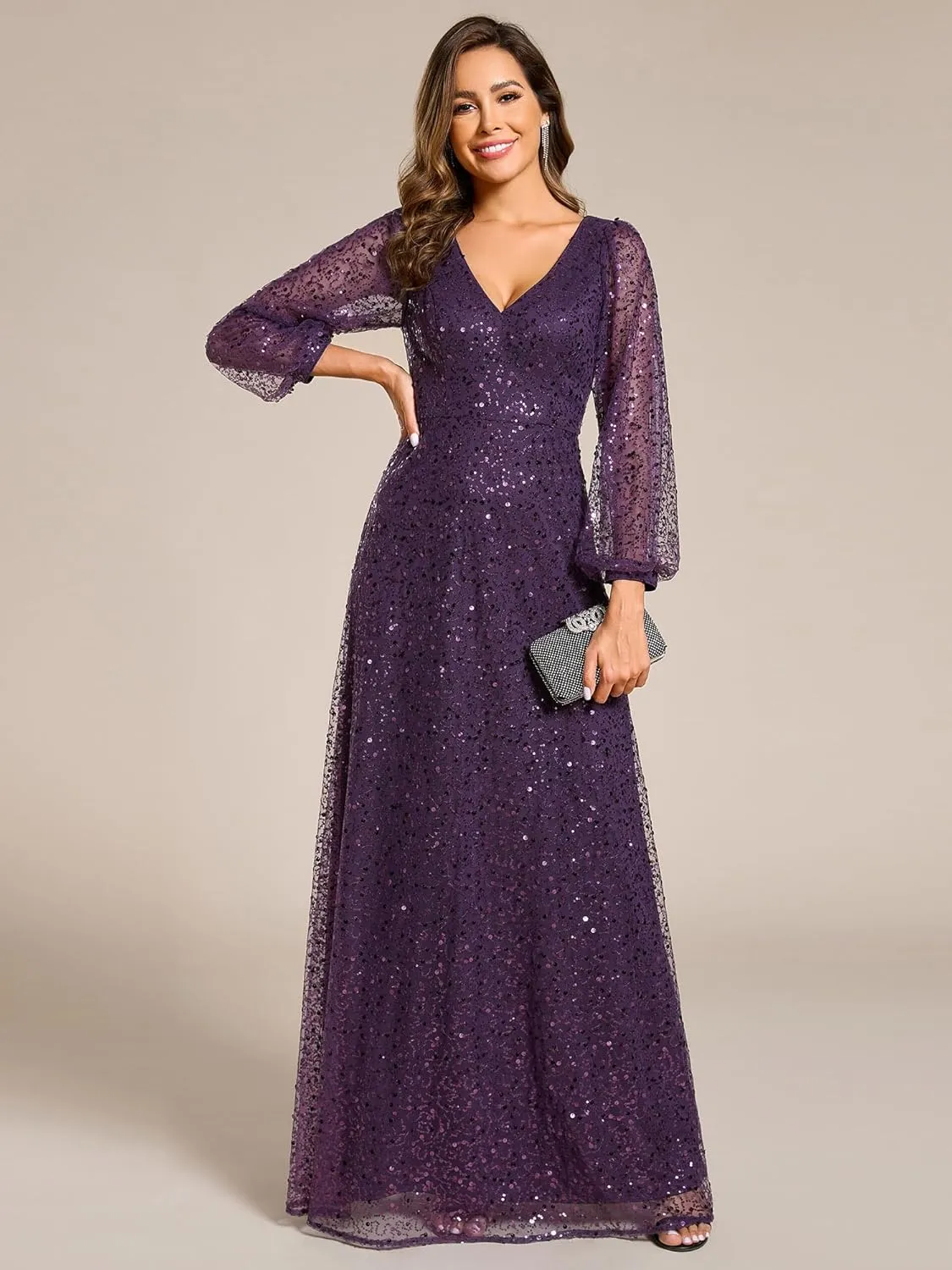 Ever-Pretty Women's Sequin A-Line V Neck Beaded Gown Long Sheer Sleeves Cocktail Evening Gown 01999