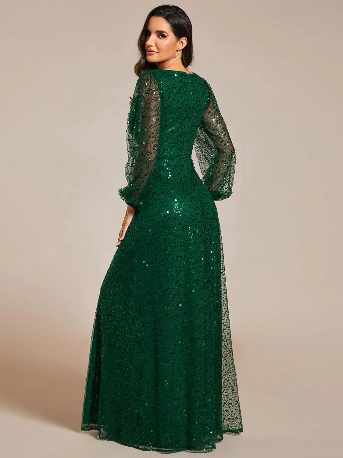 Ever-Pretty Women's Sequin A-Line V Neck Beaded Gown Long Sheer Sleeves Cocktail Evening Gown 01999