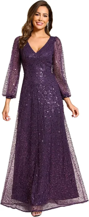 Ever-Pretty Women's Sequin A-Line V Neck Beaded Gown Long Sheer Sleeves Cocktail Evening Gown 01999