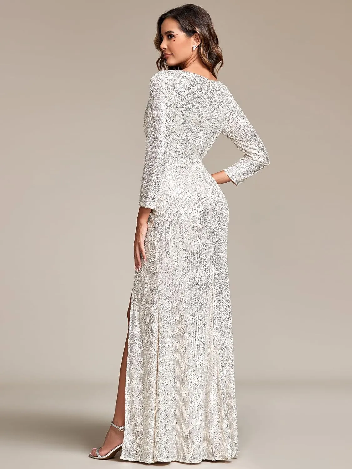 Ever-Pretty Womens Sequin Evening Dress Long Sleeves Side Split Floor-Length Formal Gowns 00824