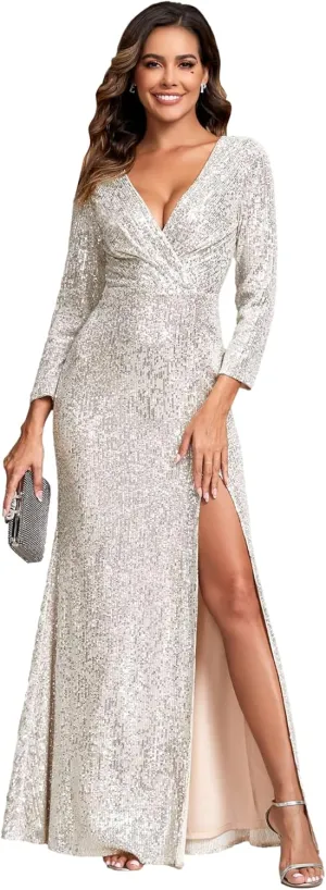Ever-Pretty Womens Sequin Evening Dress Long Sleeves Side Split Floor-Length Formal Gowns 00824