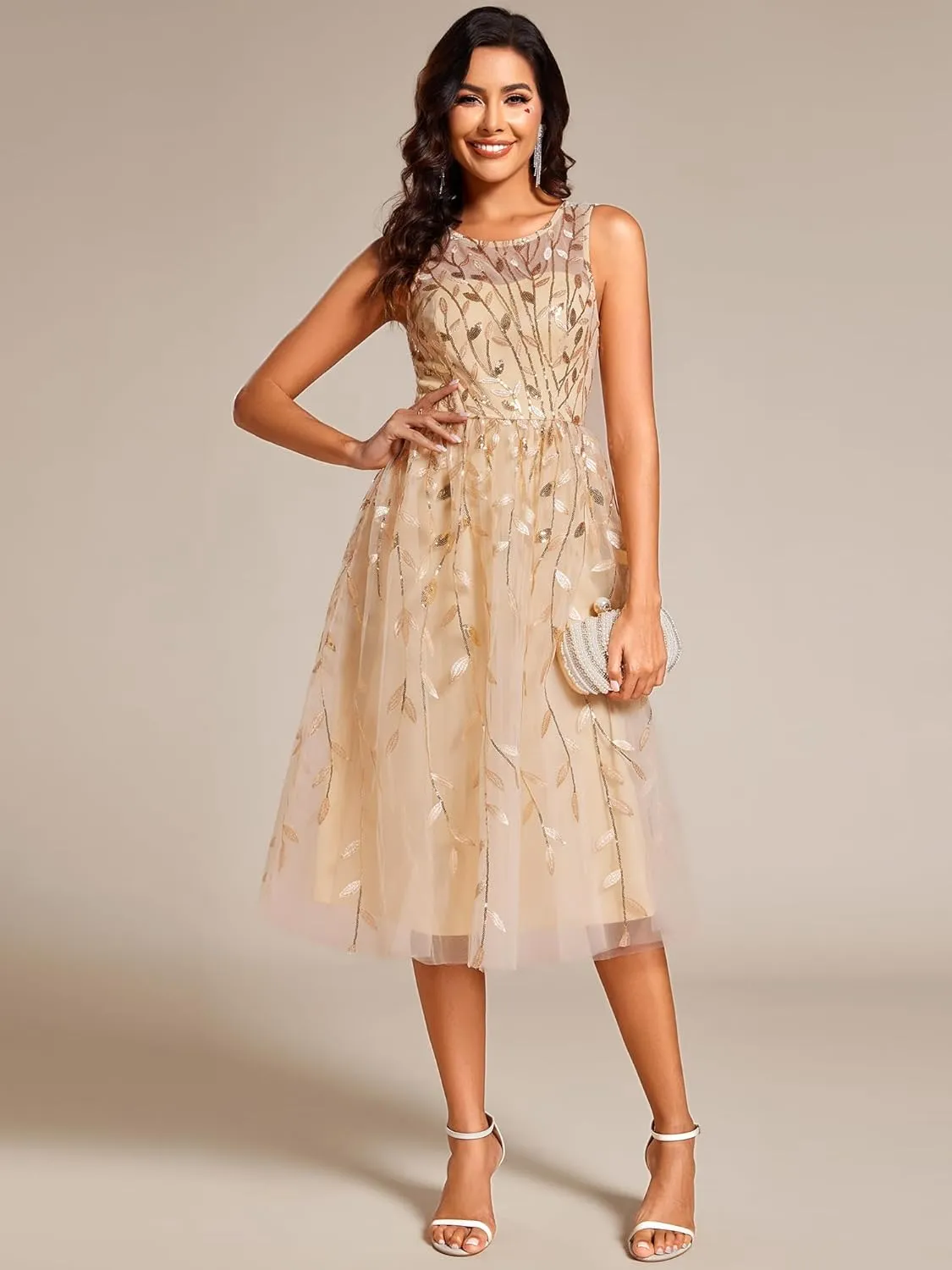 Ever-Pretty Women's Sequin Sparkly Crew Neck Short Sleeve Tea Length Evening Dress 20736