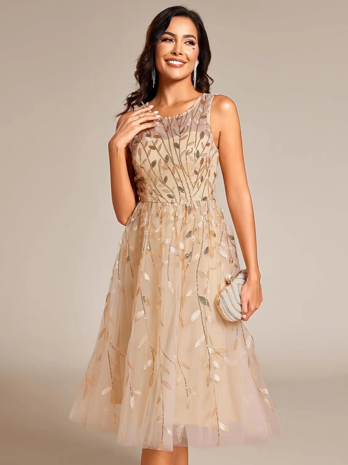 Ever-Pretty Women's Sequin Sparkly Crew Neck Short Sleeve Tea Length Evening Dress 20736