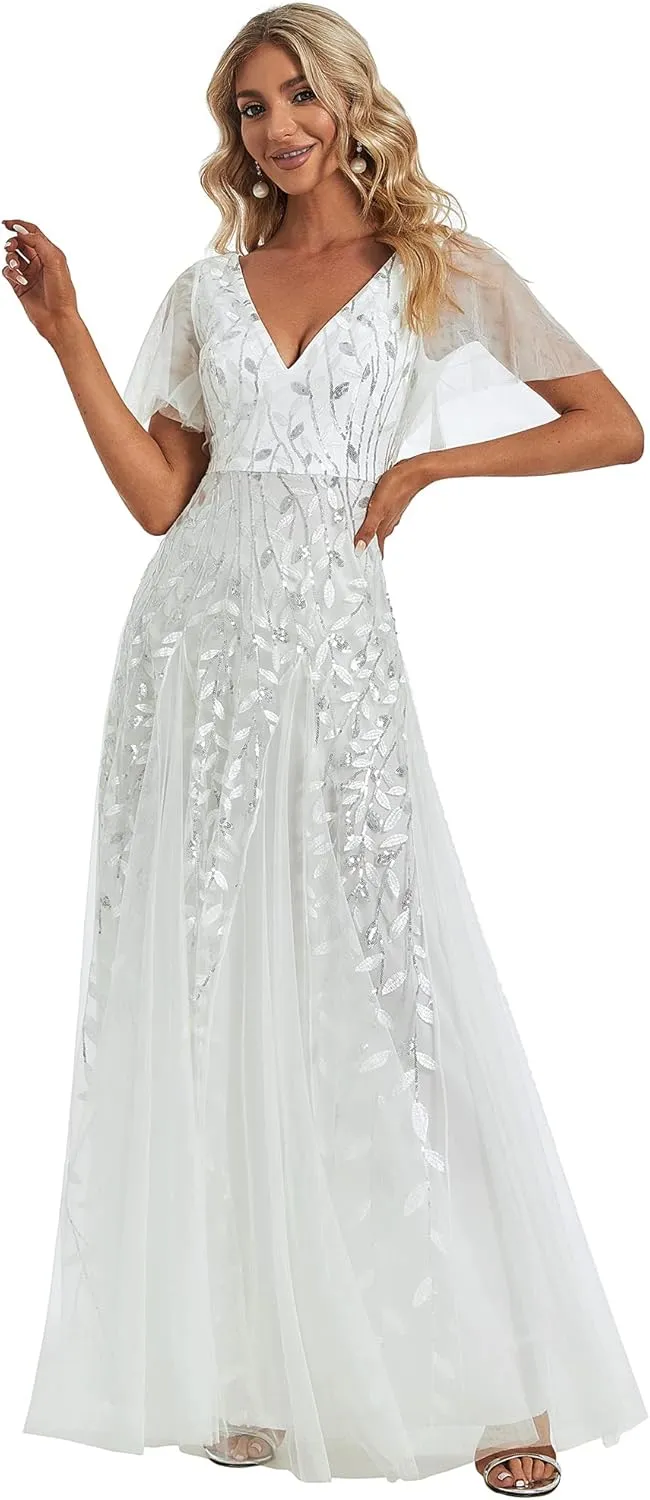 Ever-Pretty Women's Sequin Sparkly V-Neck Short Sleeve Maxi Evening Dress 00734