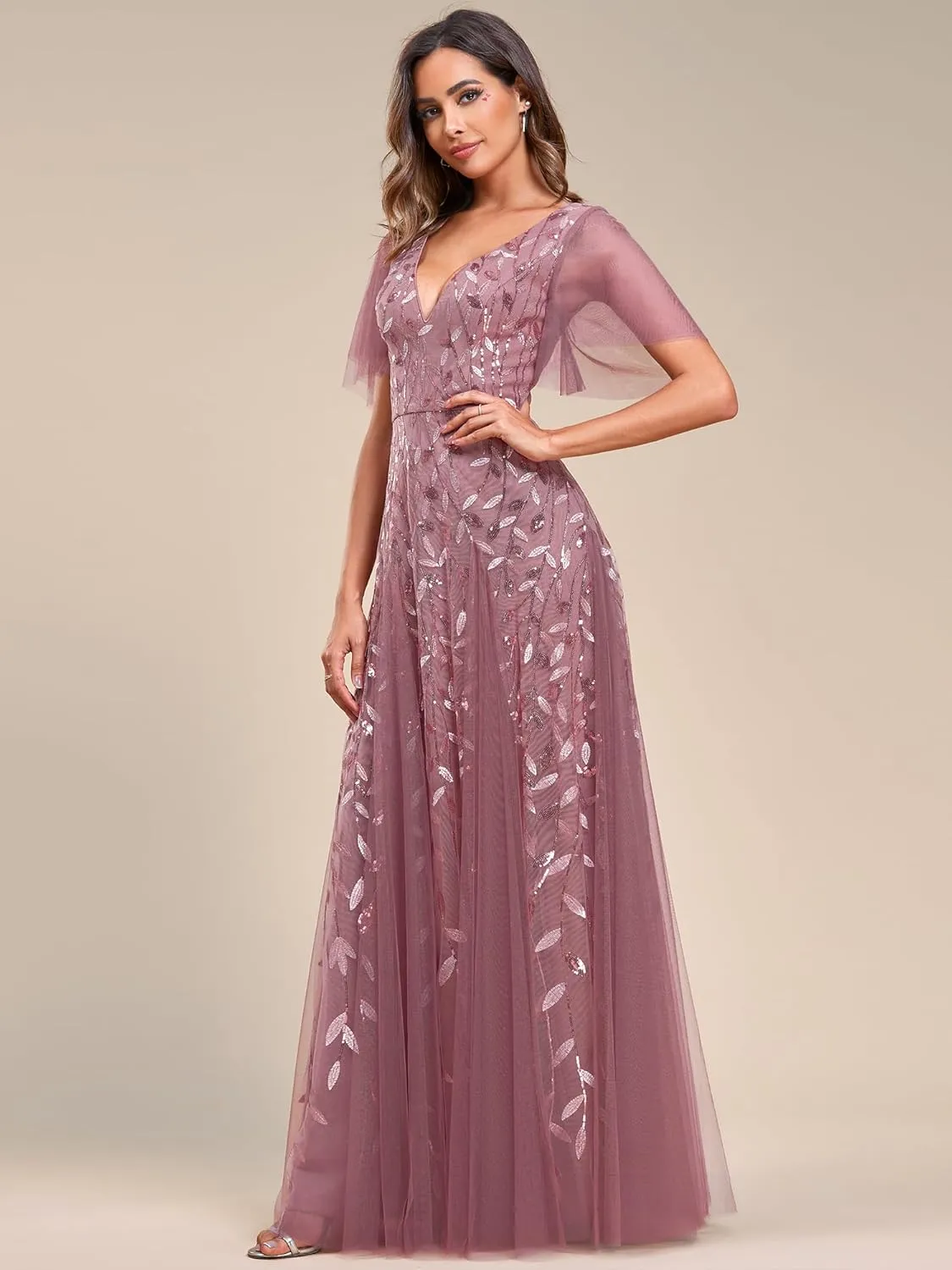 Ever-Pretty Women's Sequin Sparkly V-Neck Short Sleeve Maxi Evening Dress 00734