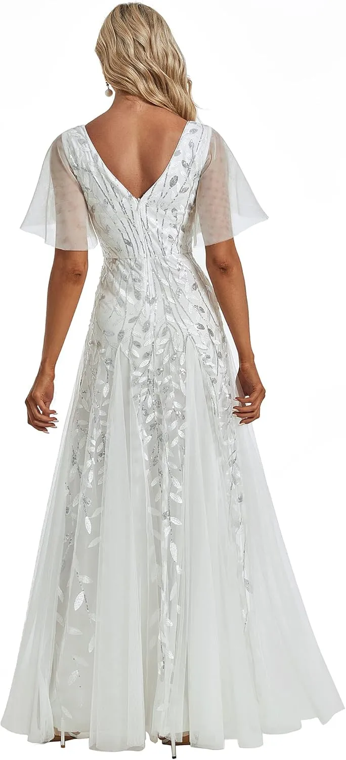Ever-Pretty Women's Sequin Sparkly V-Neck Short Sleeve Maxi Evening Dress 00734