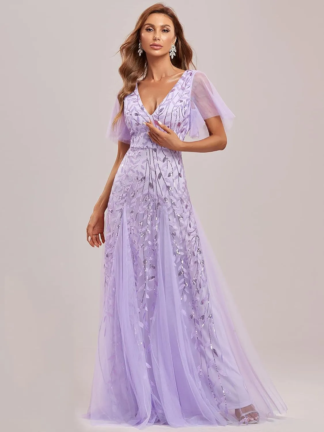 Ever-Pretty Women's Sequin Sparkly V-Neck Short Sleeve Maxi Evening Dress 00734