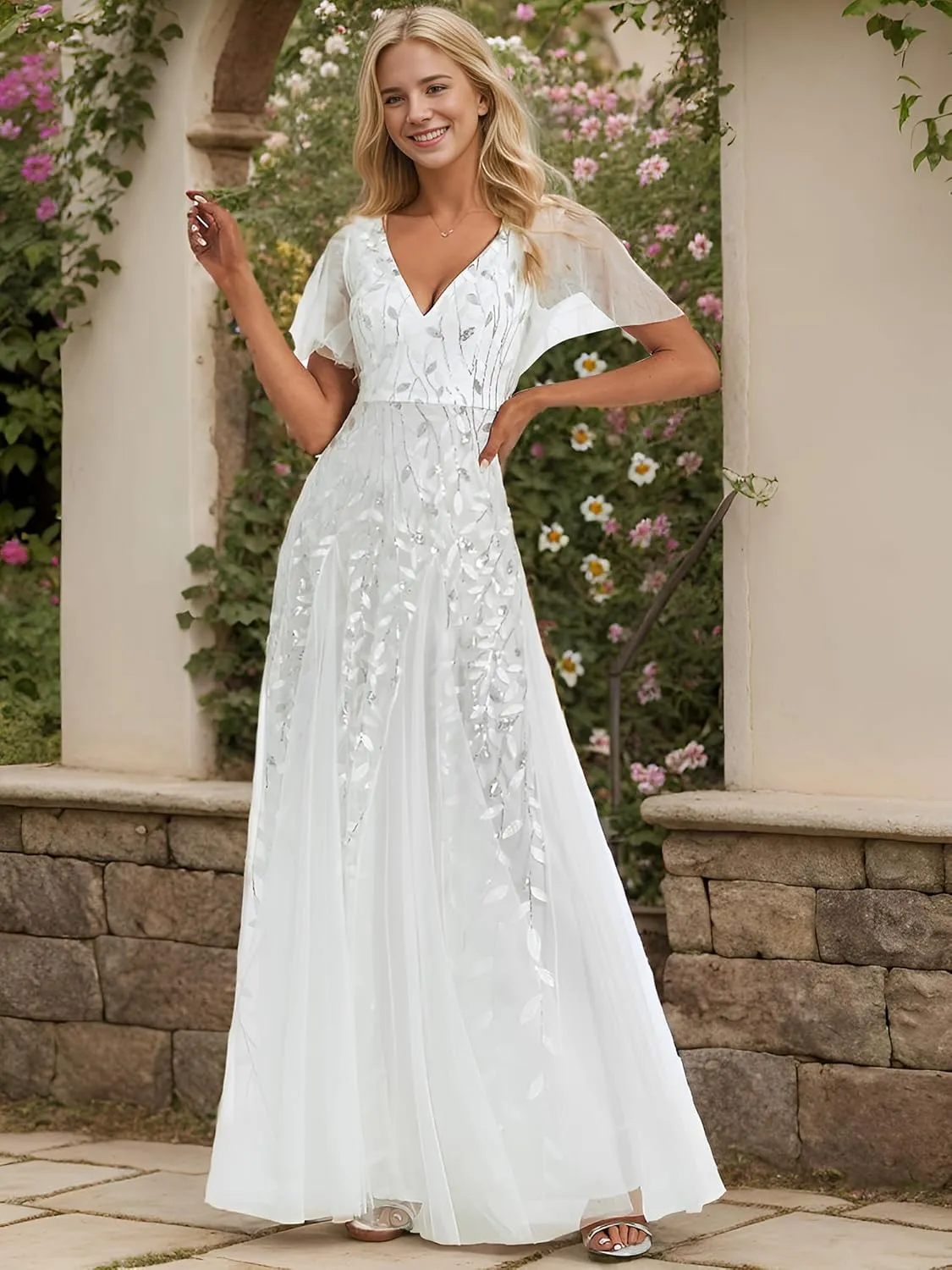 Ever-Pretty Women's Sequin Sparkly V-Neck Short Sleeve Maxi Evening Dress 00734