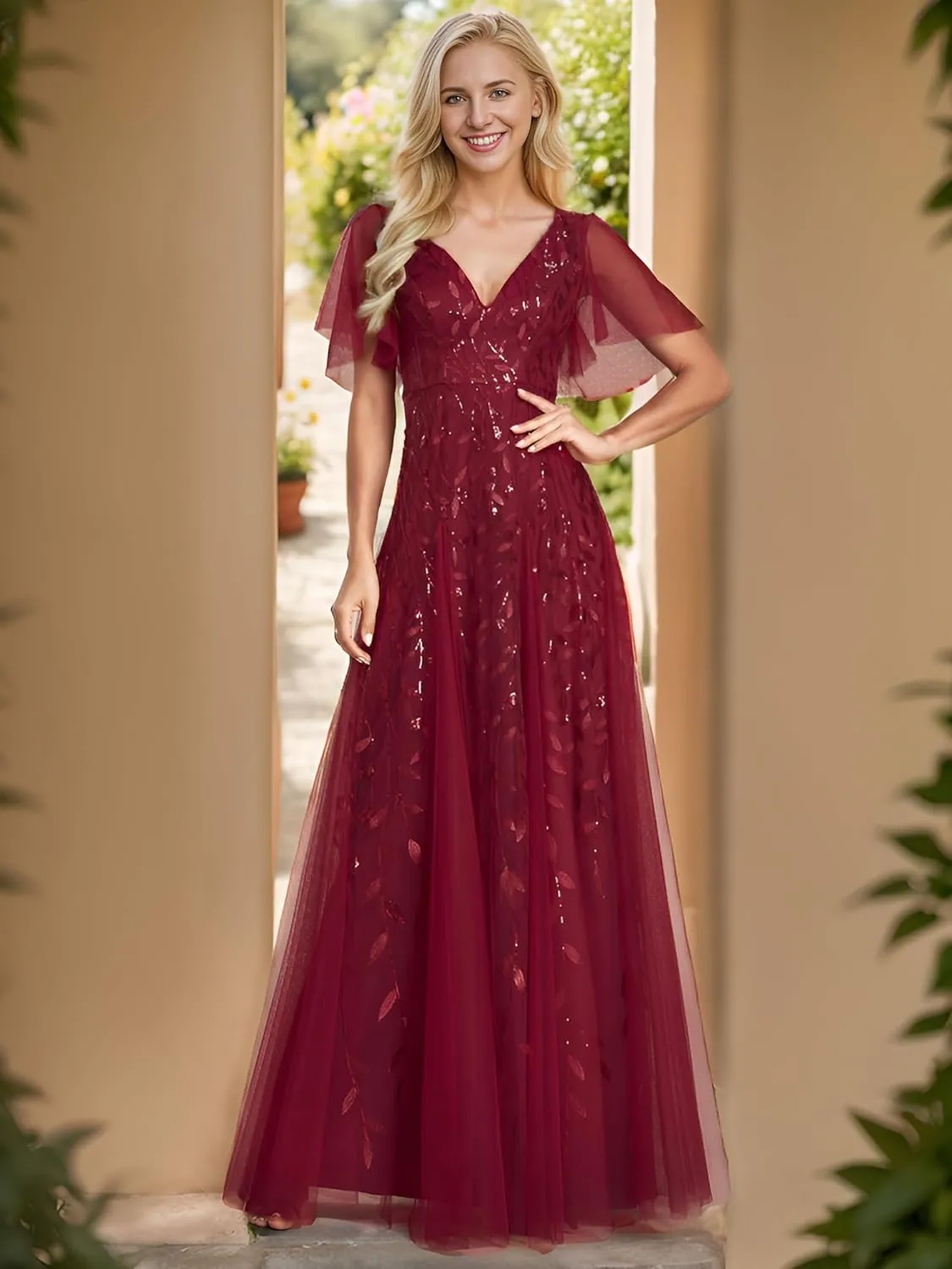 Ever-Pretty Women's Sequin Sparkly V-Neck Short Sleeve Maxi Evening Dress 00734