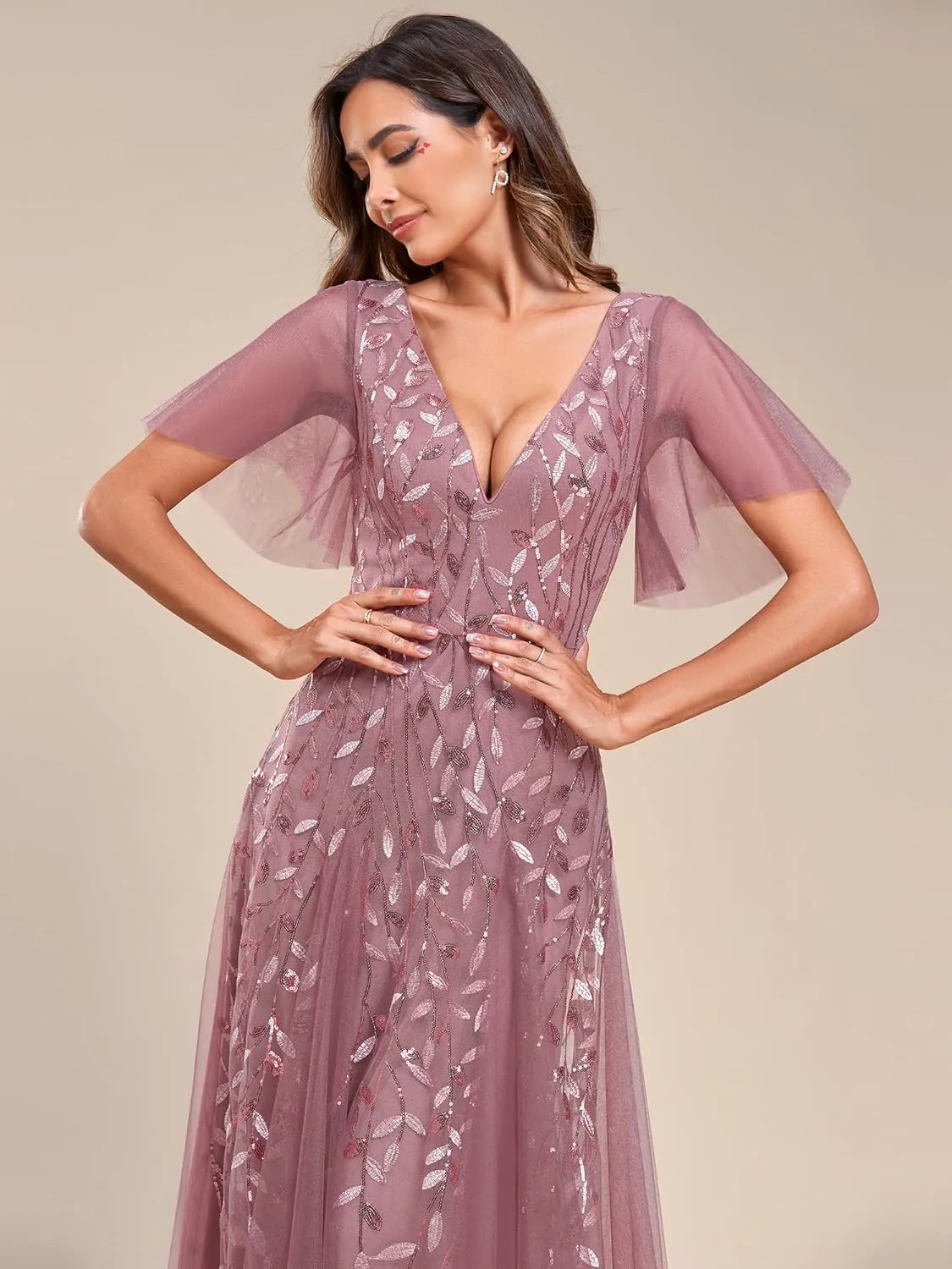 Ever-Pretty Women's Sequin Sparkly V-Neck Short Sleeve Maxi Evening Dress 00734