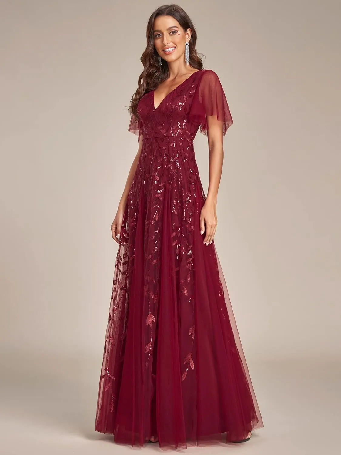Ever-Pretty Women's Sequin Sparkly V-Neck Short Sleeve Maxi Evening Dress 00734