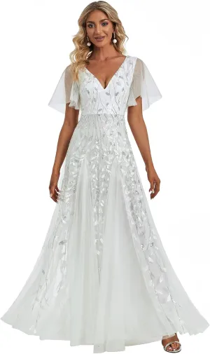 Ever-Pretty Women's Sequin Sparkly V-Neck Short Sleeve Maxi Evening Dress 00734