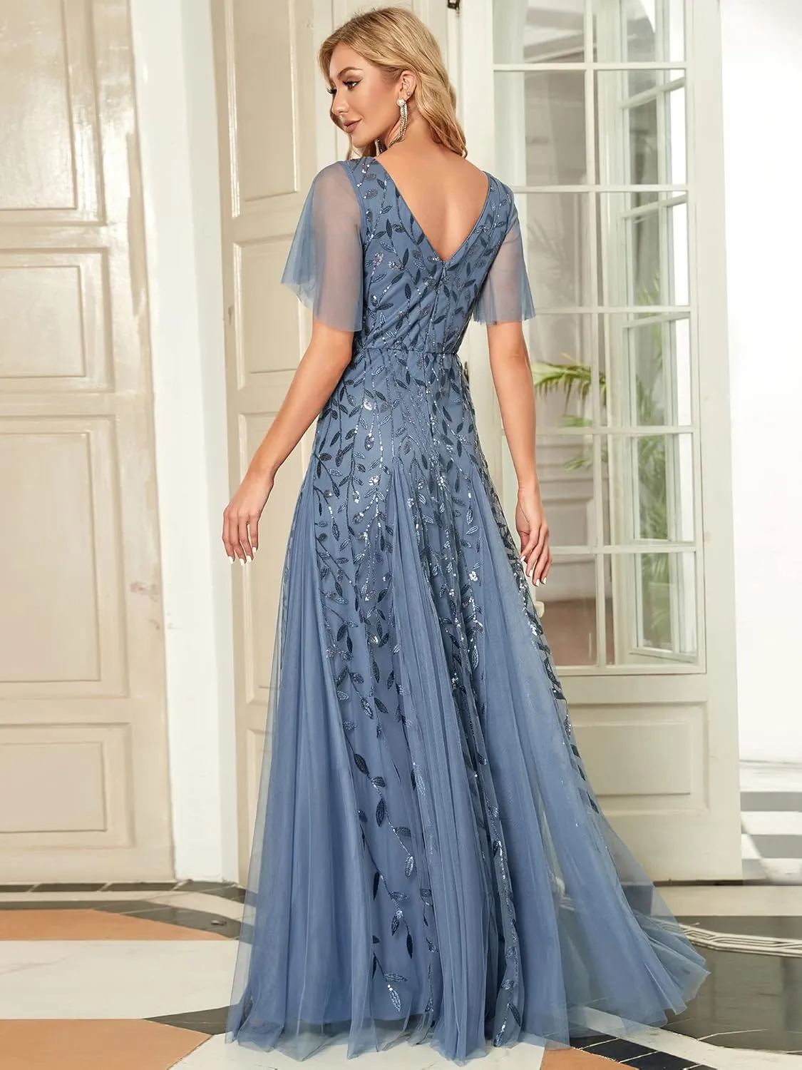 Ever-Pretty Women's Sequin Sparkly V-Neck Short Sleeve Maxi Evening Dress 00734